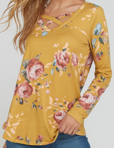 Mustard floral crisscross long sleeve top