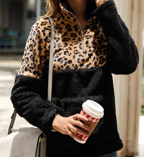 Leopard Sherpa 1/4 zip pullover