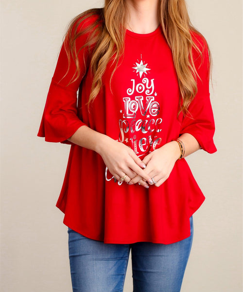Red 3/4 bell sleeve “joy, love, peace” holiday top