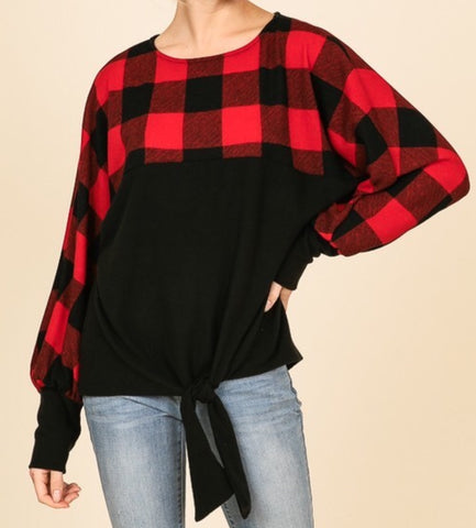 Red/black plaid color block front tie top