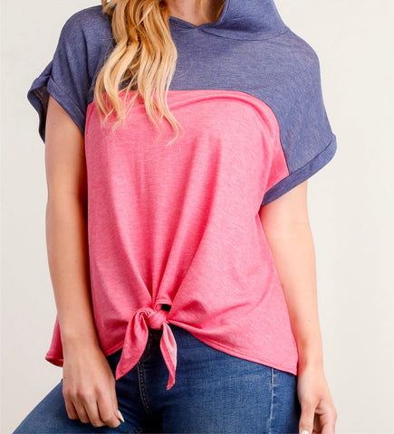 Pink and blue front tie hooded top