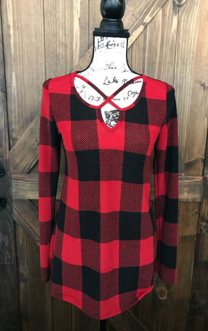 Red/black buffalo plaid long sleeve crisscross top