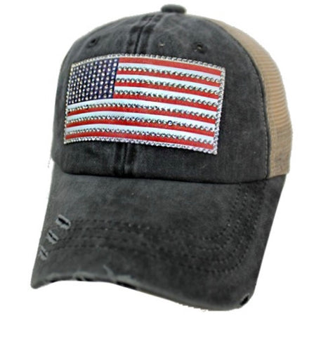 Black rhinestone flag trucker hat