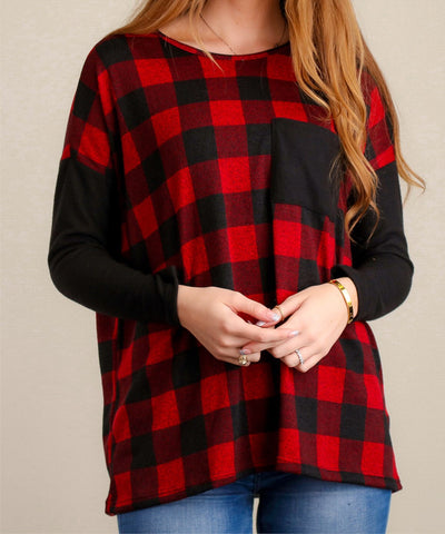 Red/black buffalo plaid top with pocket