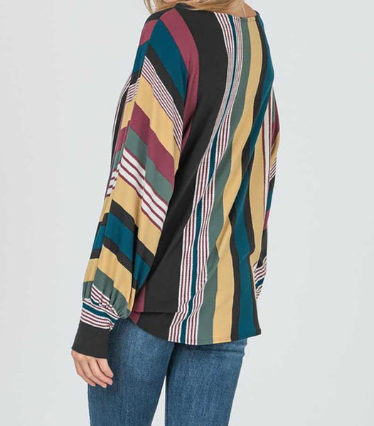 Multi striped dolman top with side tie