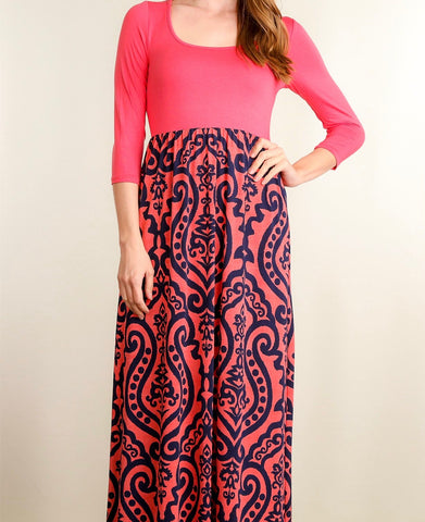 Coral arabesque print maxi dress