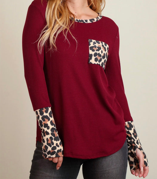 Burgundy animal print pocket thermal top