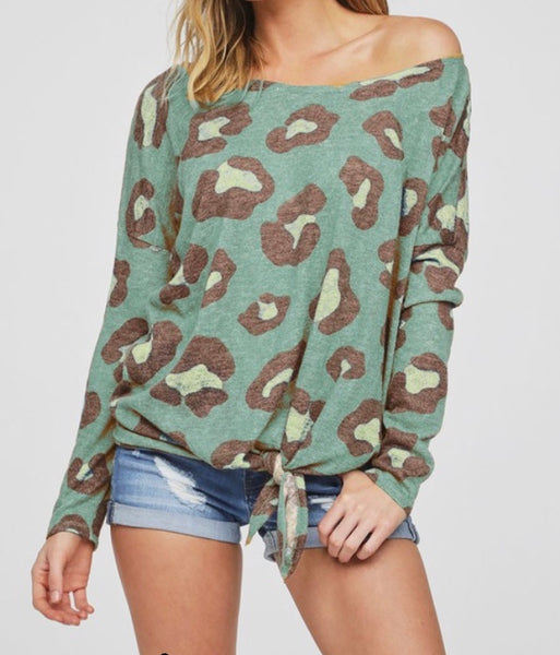 Hunter green leopard print one shoulder top
