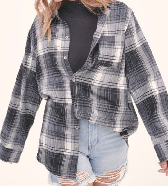 Smoke grey/black plaid flannel top