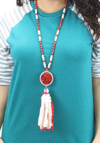 Red glitter pendant tassel necklace