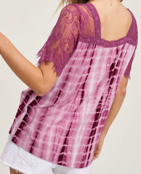 Tie dye lace sleeve v-neck top