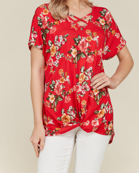 Red floral short sleeve top with twisted hem & crisscross detail