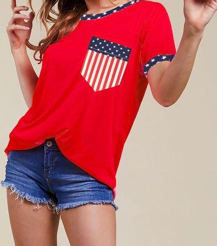 Red short sleeve top with Stars and Stripes hem finish