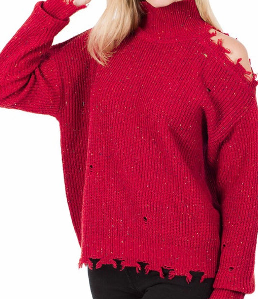 Dark red cutout turtleneck sweater