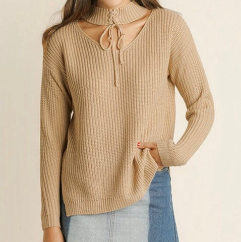 Sweater, taupe lace-up cutout choker neck