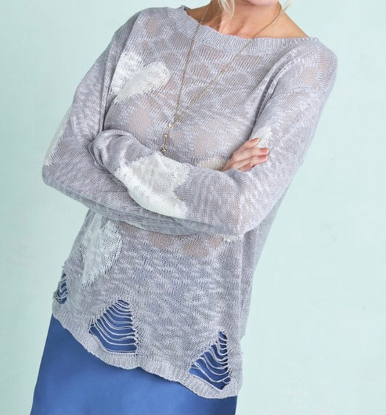 Silver heart print distressed sweater