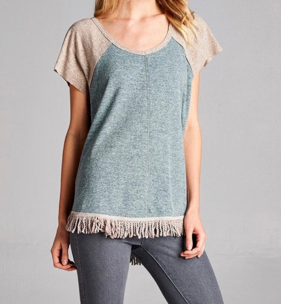 Taupe/olive fringe hem top