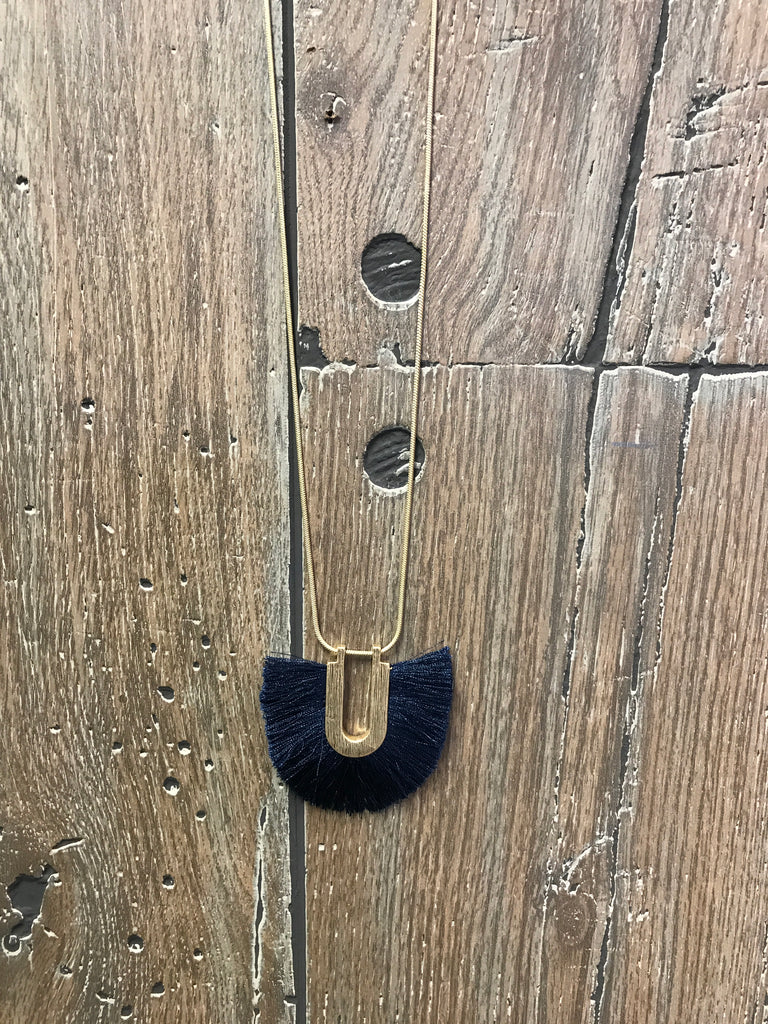 Necklace navy blue fringe fan