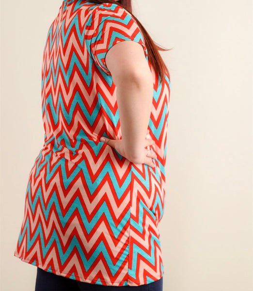 Plus teal and coral chevron print, tie hem top