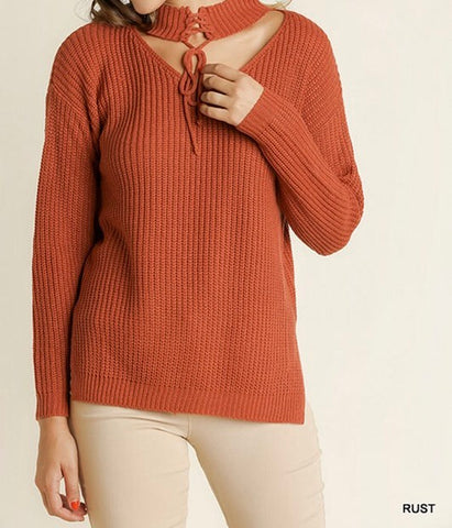 Sweater, pumpkin spice lace-up cutout choker neck
