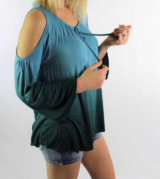 Teal ombré cold shoulder top