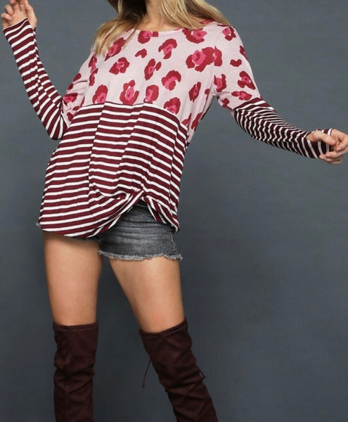 Burgundy leopard print with stripe twist front