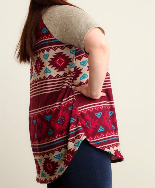Plus maroon tribal print, short sleeve raglan top