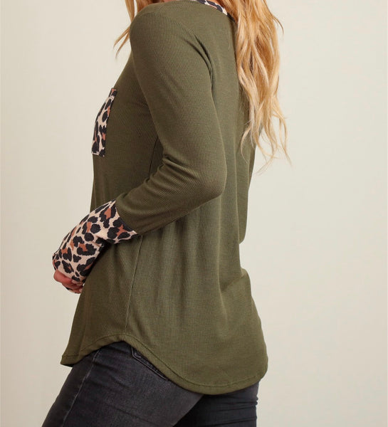Olive animal print pocket thermal top