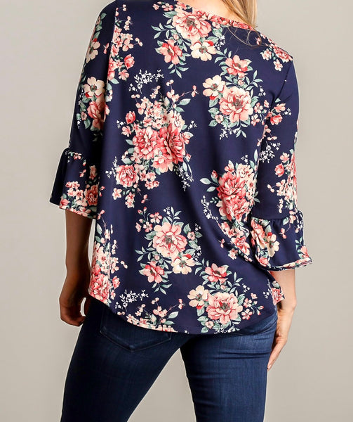 Navy floral bell sleeve front tie top