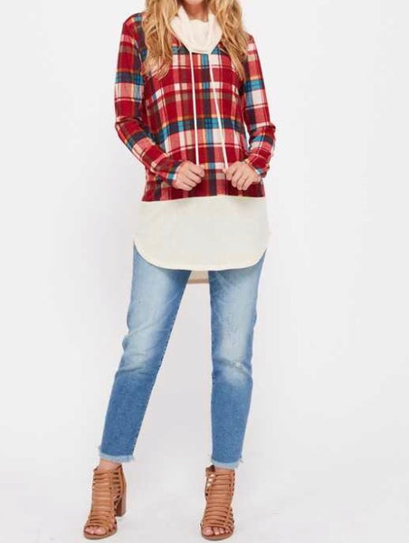 Red plaid cowl neck top