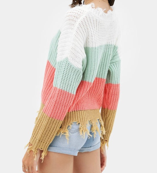 Sherbet striped frayed hem sweater
