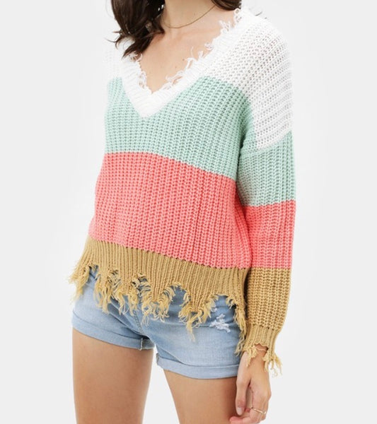 Sherbet striped frayed hem sweater