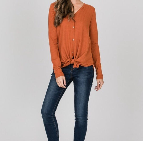 Pumpkin spice front tie button down waffle knit top