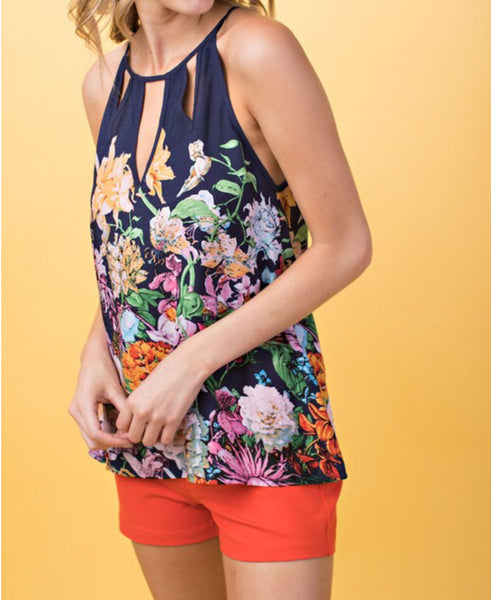 Navy floral keyhole detail tank