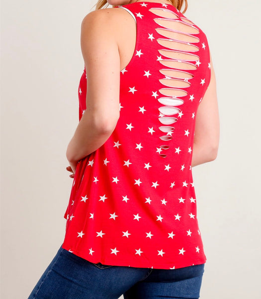 Red star print tank with back detail