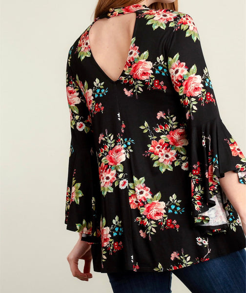 Black floral bell sleeve top with key hole neck