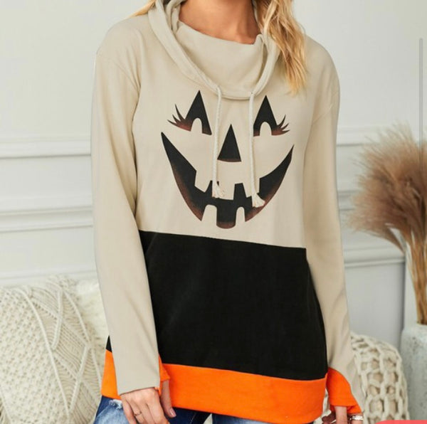 Pumpkin face cowl neck sweatshirt