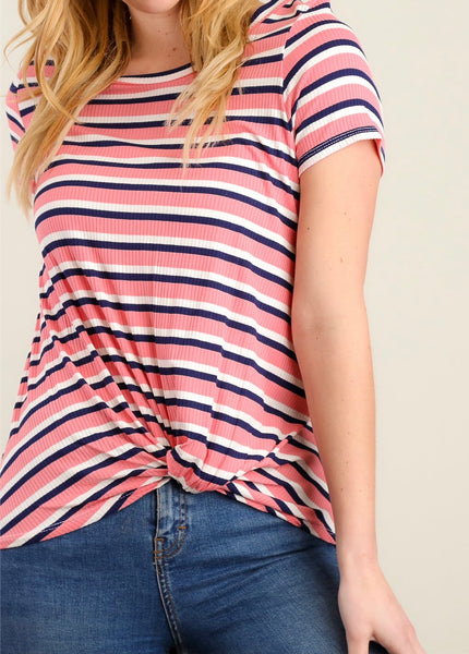 Pink, navy & white striped knotted hem top