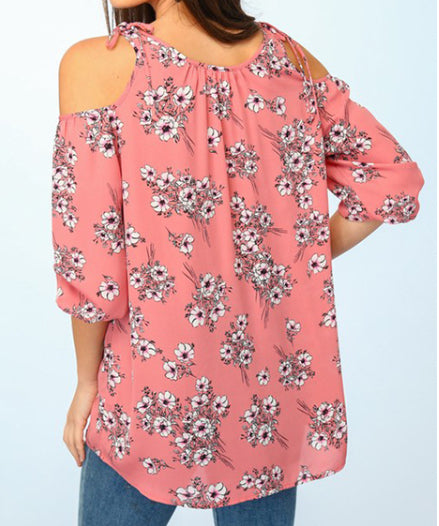 Floral cold shoulder top salmon
