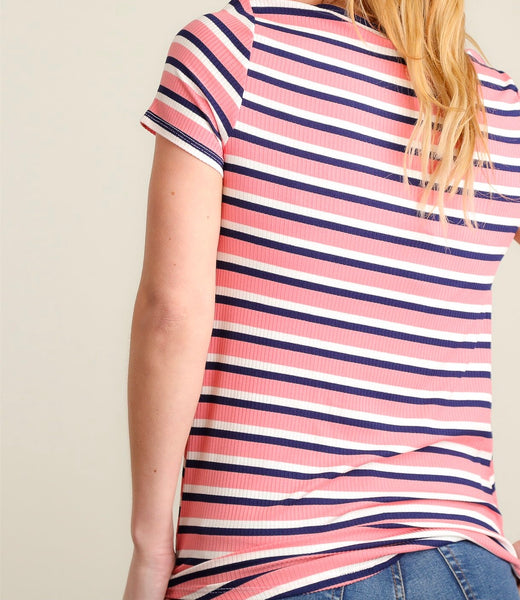 Pink, navy & white striped knotted hem top