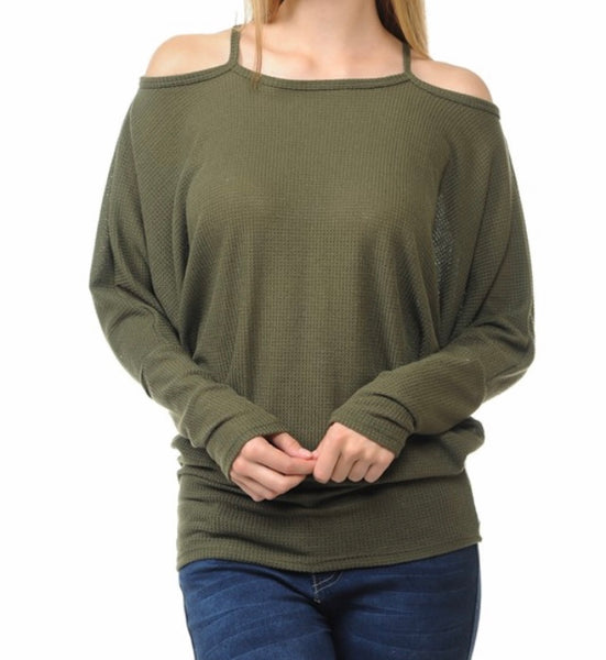 Olive thermal knit cold shoulder top