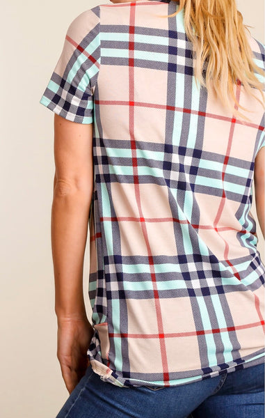 Pink/navy/teal plaid knotted hem top