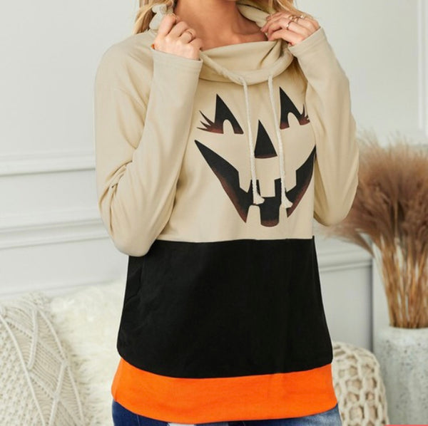 Pumpkin face cowl neck sweatshirt