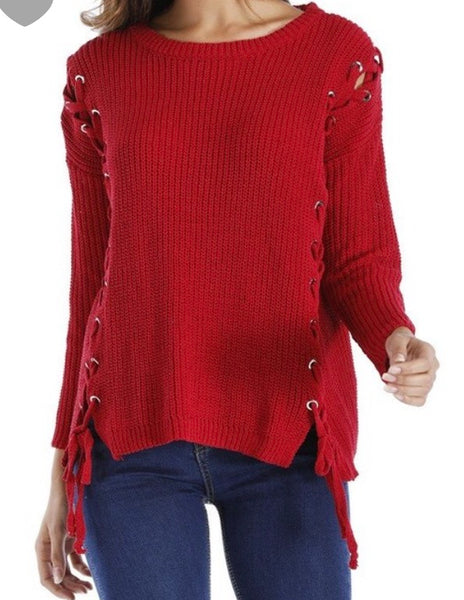Sweater red lace-up sides