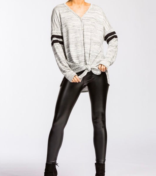 Heather gray front tie top with black striped detail on sleeve