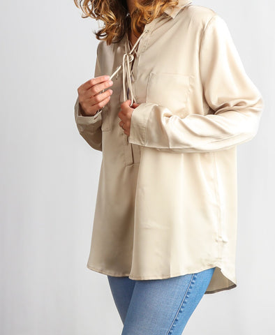 Taupe silky lace-up top
