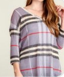 Grey plaid 3/4 sleeve  top