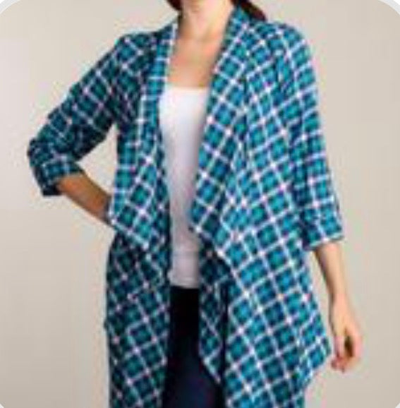 Teal blue plaid flannel cardigan