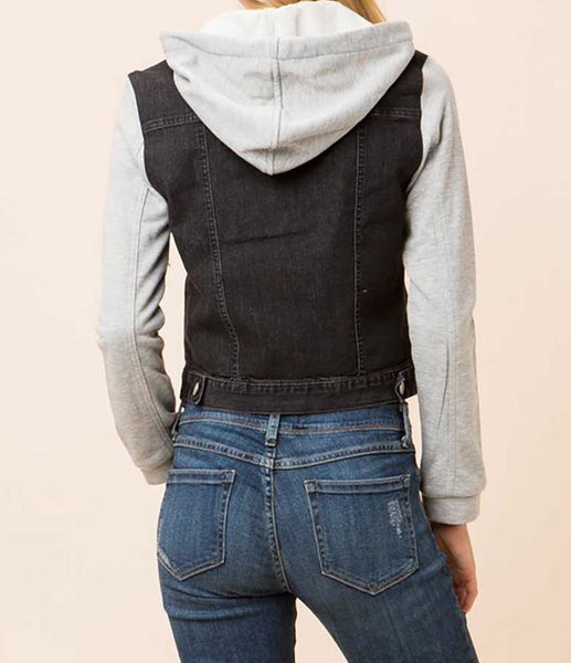 Denim jacket with sweatshirt sleeves and hood