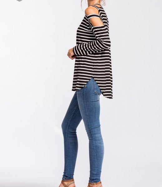 Black/white striped cutout sleeve top